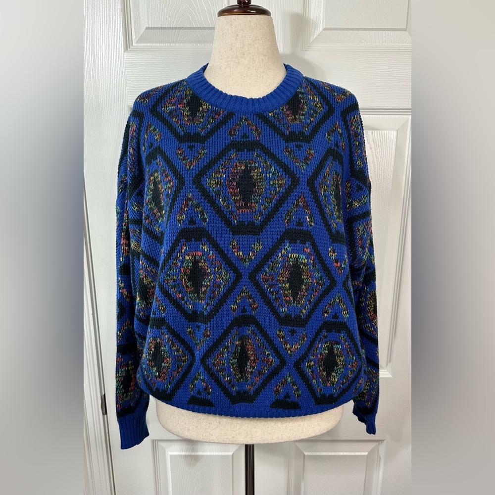 Blue Geometric Pattern Crewneck Sweater bloke core Cosby cozy Vintage Korea
